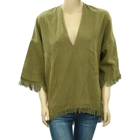 Doen sz XS/S oversized (could fit up to large) green raw edge 100% silk Tate top - Picture 8 of 8